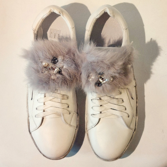 Piranha distressed white leather sneakers w fur trim, EU41, New, trade sample - Picture 11 of 16